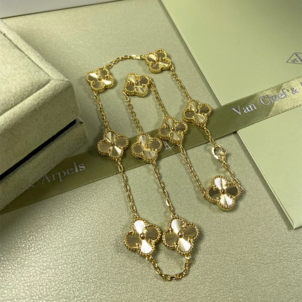 18K Gold Van Cleef & Arpels 10 Motifs Necklace, Stones, Guilloche - Van Cleef & Arpels Jewelry - 8