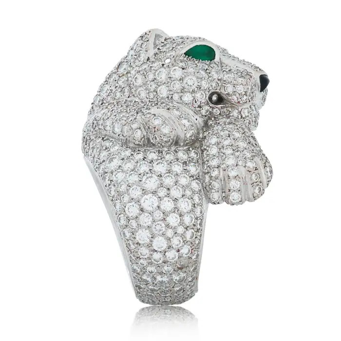 Cartier Diamond Emerald Onyx Panther Head Ring 18K White Gold