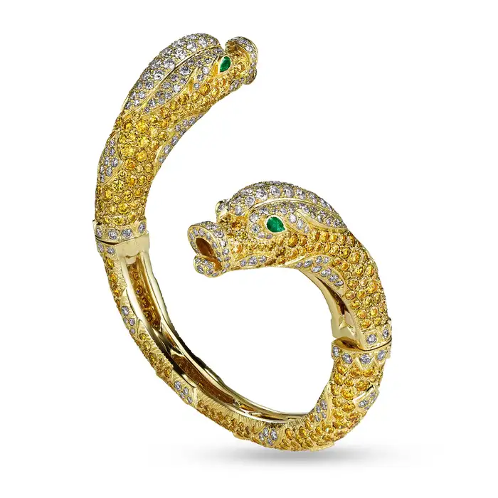 Rare Cartier Paris Chimera Vintage Yellow White Diamond Emerald Hinged Bracelet - Cartier Jewelry - 2