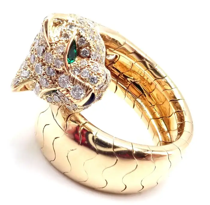 Cartier Diamond Emerald Onyx Yellow Gold Panther Panthere Ring